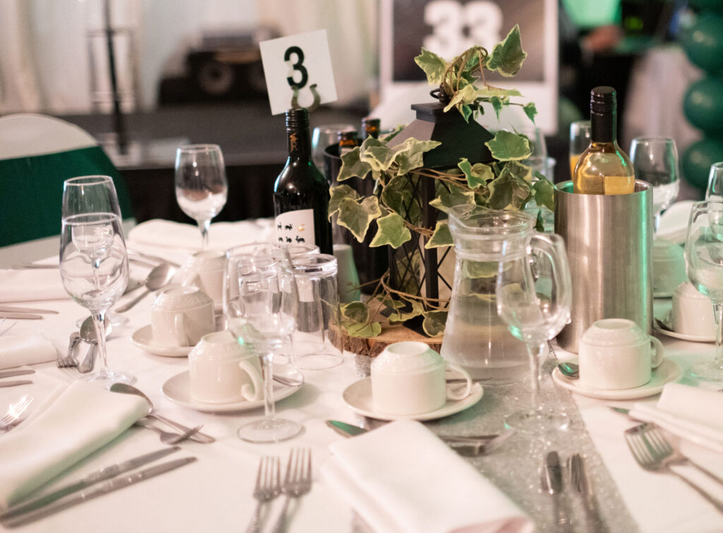 able set up for a private party at Worcestershire County Cricket Club, New Road, Worcester. A stylish venue for celebrations, with catering and decor available.